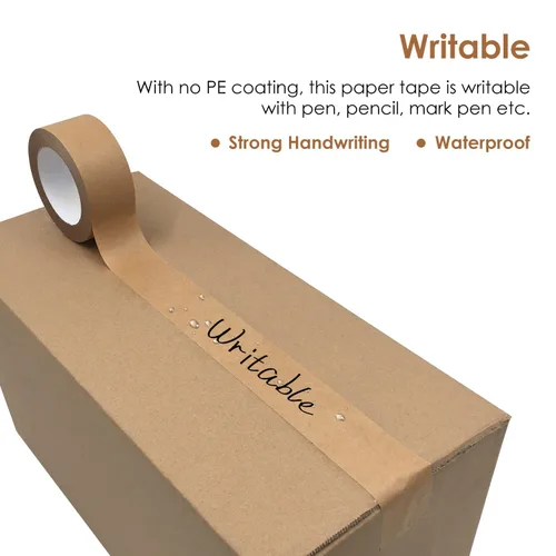 Vista 6 de TooCust Cinta de papel marrón para escribir de 2 pulgadas x 55 yardas, superficie no recubierta, no necesita agua, se puede rasgar a mano, cinta