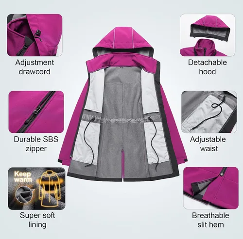 Vista 5 de CREATMO US Chaqueta táctica ligera impermeable larga Softshell con forro polar cortavientos para mujer