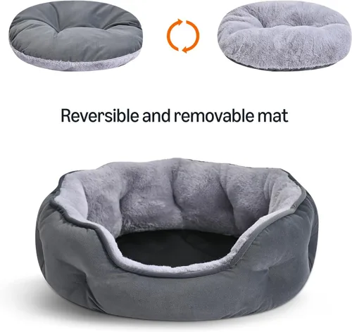 Vista 3 de Amazon Basics Cama redonda para perros pequeños, camas para gatos de interior, cama lavable para cachorros con cojín de felpa suave, parte inferior