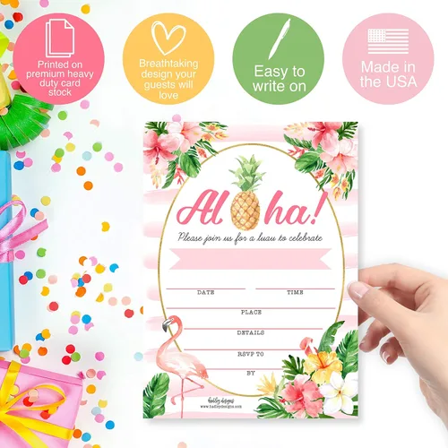 Vista 4 de Hadley Designs 25 invitaciones de fiesta en la piscina para niñas, invitaciones de cumpleaños tropicales hawaianas para niños y adultos, perfectas