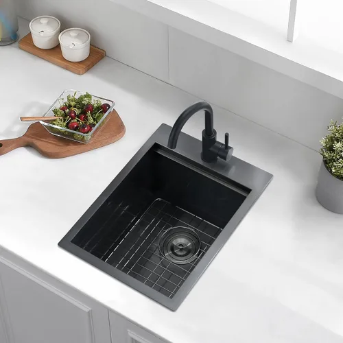 Vista 2 de Luckyhorse LH022S - Fregadero negro de 15 pulgadas x 20 x 10 pulgadas de acero inoxidable nano negro con caída en la estación de trabajo, fregadero