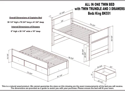 Vista 2 de Bedz King - Cama todo en uno con cama corrediza individual y 3 cajones incorporados (Blanco rústico)