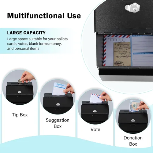 Vista 4 de xydled Caja de sugerencias con cerradura montable en pared de metal para donación/boleta/votación/colección/caja de depósito de llaves con 50