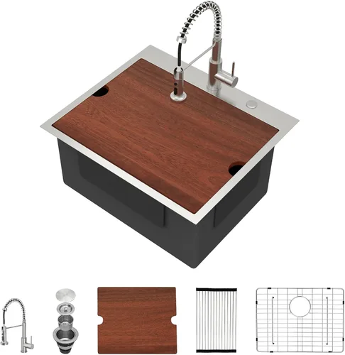 Vista 8 de Fregadero de cocina rectangular hecho a mano de 30 x 22 pulgadas, calibre 16, de calibre 16, para montaje superior, rectangular, hecho a mano