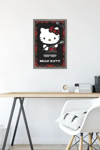 Vista 6 de Hello Kitty: Póster de pared rojo punk de 22.4 pulgadas de largo x 14.7 pulgadas de ancho, versión enmarcada de madera de granero