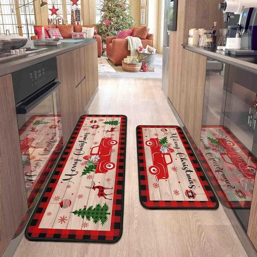 Vista 10 de 2 Piezas Alfombras y Tapetes de Cocina de Navidad para Piso con Base Antideslizante Tapete Feliz Navidad Decoración de Cocina Anti Fatiga