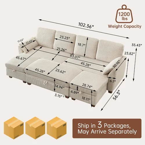 Vista 3 de Sofá en forma de U de 102.3 pulgadas con 2 otomanas móviles y 1 mesa auxiliar, se convierte en sofá cama, incluye 2 almohadas para reposabrazos