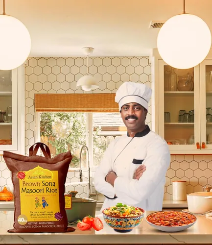 Vista 5 de Asian Kitchen Brown Sona Masoori - Arroz envejecido de 40 libras, 40 libras (40.0 lbs) de arroz de grano corto ~ Todo natural Apto para gluten