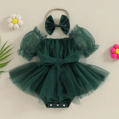 Vista 3 de BULINGNA Mameluco de princesa de verano para bebé niña, con manga de burbujas, tutú con falda y diadema para cumpleaños o Navidad