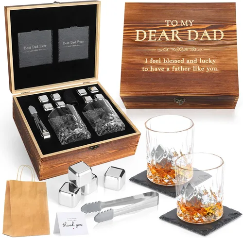 Vista 8 de Juego de vasos de whisky, juego de regalo de cumpleaños para hombre, piedras de whisky, vidrio de roca de bourbon con caja de regalo de madera