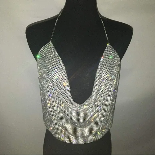 Vista 5 de RARITYUS Camiseta sin mangas sexy con lentejuelas brillantes para mujer, cuello en V profundo, camiseta corta para discoteca, fiesta, rave