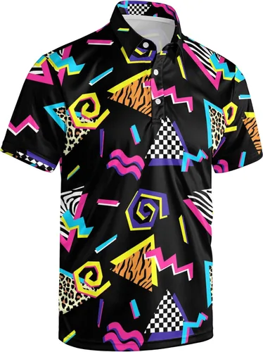 Vista 64 de Camisa de golf de los años 80 para hombre, ajuste seco, manga corta, estampada, divertidas, camisas de golf de los años 90 para hombre