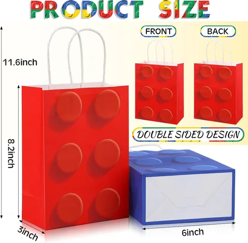 Vista 3 de Sabary 12 bolsas de regalo de bloques de construcción, bolsas de papel de dulces de ladrillos, bolsa de regalo con asa para bloque de construcción