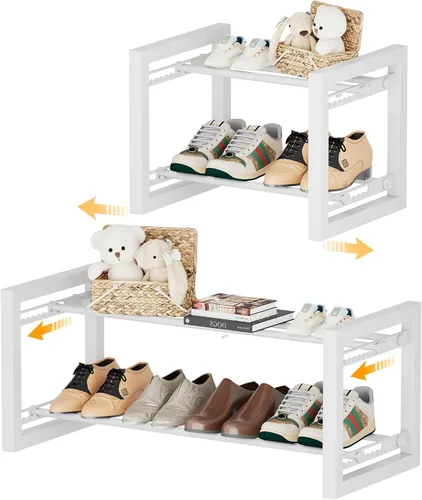 Vista 12 de Homeiju Zapatero expandible, estante de zapatos de metal de 2 niveles, soporte ajustable para zapatos, botas, tacones, organizador de zapatos de pie