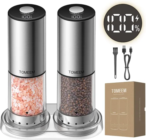 Vista 9 de TOMEEM Juego de molinillo eléctrico recargable de sal y pimienta, molinillo de pimienta automático de acero inoxidable de gran capacidad de 3.9 fl