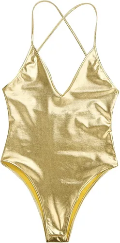 Vista 5 de dPois Tangas de cuero metálico brillante con correa de espalda descubierta para mujer, body monokini