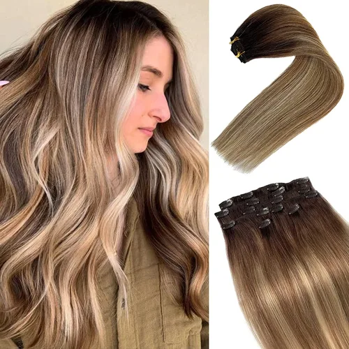Vista 7 de Extensiones de cabello humano real Remy con clip, color blanco hielo, extensiones de cabello humano natural con clip, 12 pulgadas, 7 piezas, 2.47 oz