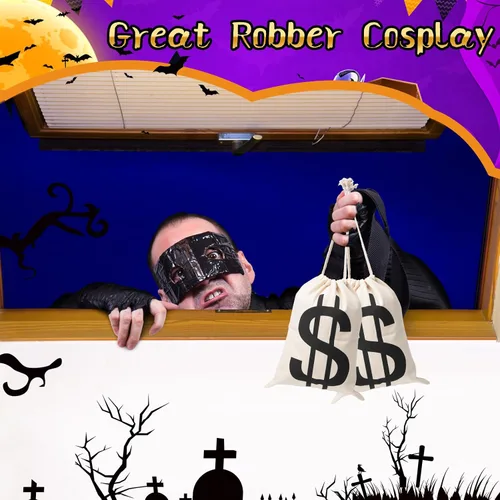 Vista 7 de 4 bolsas de dinero de lona de 6.3 x 9 pulgadas, bolsa de dinero de Halloween con letrero de dólar, sacos de dinero para disfraz de ladrón de bancos