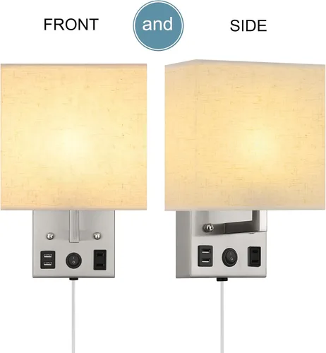 Vista 4 de Juego de dos apliques de pared negros, luces de pared de noche para dormitorio, aplique de pared enchufable con puertos USB y tomas, lámpara