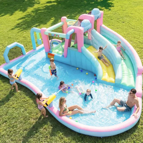 Vista 8 de Mega parque inflable de toboganes de agua, gran casa de rebote para niños de 5 a 12 años, tobogán acuático con pared de escalada, dos toboganes