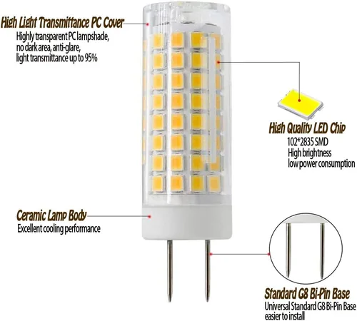 Vista 4 de Bombilla LED G8, repuesto de bombilla halógena de 75 W, regulable 7 W, 750 lúmenes, CA 120 V, base bipin GY8.6/G8, blanco cálido 3000 K para luz