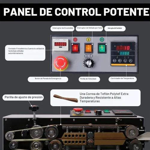 Vista 4 de U.S. Solid Sellador automático de banda continua con soporte, máquina industrial de sellado de bolsas con contador y codificador de relieve, alta