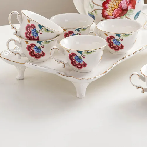 Vista 6 de Juego de 4 tazas de té de cerámica, tazas de café y platillos (azul y rojo)