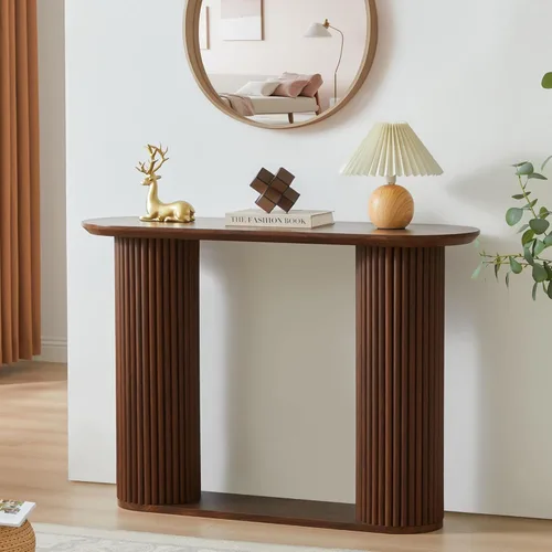Vista 10 de Mesa Consola Acanalada, Mesa de Entrada Estilo Granja con Almacenamiento y Patas de Madera Acanalada, Mesa de Sofá Estrecha, Mesa de Entrada Pequeña