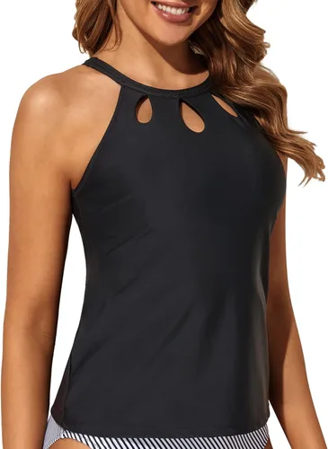 Vista 3 de Tempt Me Top tankini de cuello alto halter para mujer top de traje de baño con agujero para llave