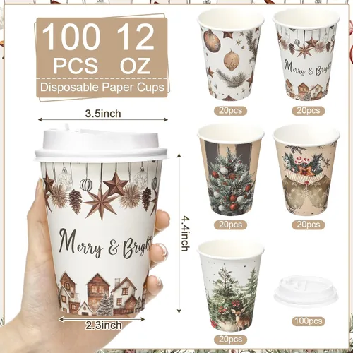 Vista 2 de Gerrii - Juego de 100 vasos de papel de Navidad de 12 onzas con tapas, acogedor invierno