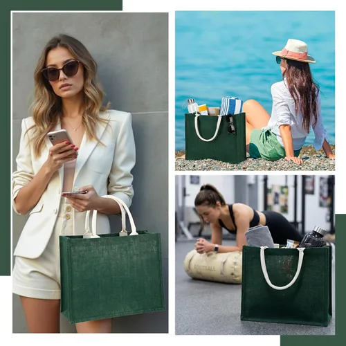 Vista 7 de Shappy Paquete de 10 bolsas de arpillera reutilizables en blanco, Verde Jute Tote, Grocery Bag, Bridesmaid Gifts, Bachelorette Party, Beach Trips