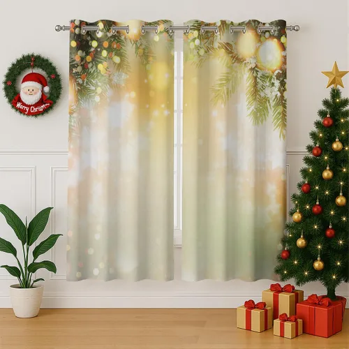 Vista 3 de Cortinas opacas de Navidad para niñas y niños, decoración del hogar, decoración navideña, árbol de acebo, estrella, Navidad, ojales, cortinas