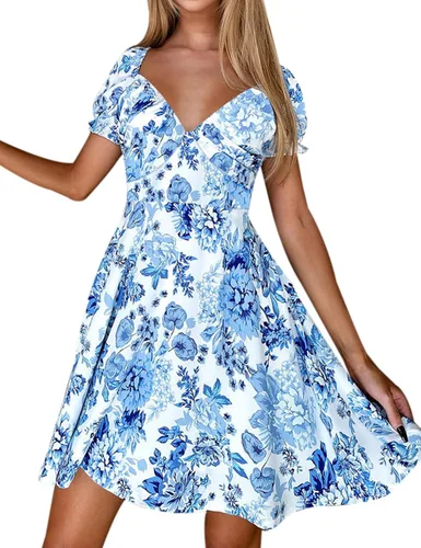 Vista 2 de SPRIME Vestido casual de verano para mujer, cuello en V, manga corta abombada, vestido midi con estampado floral, cintura alta, con abertura