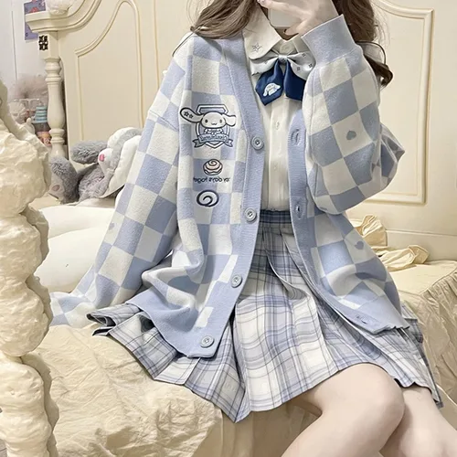 Vista 2 de Suéter Kawaii de anime a cuadros para mujer disfraz de cosplay con cuello en V manga larga
