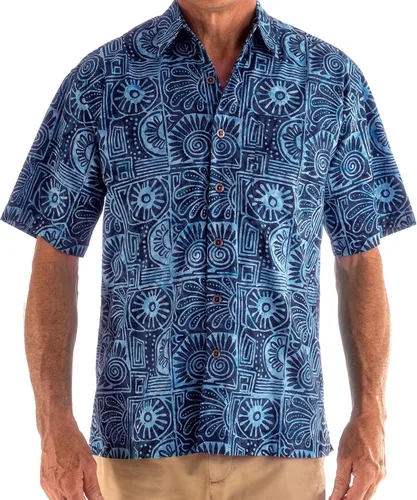 Vista 7 de Johari West Camisa de batik hawaiana tropical de verano de Antigua, Azul