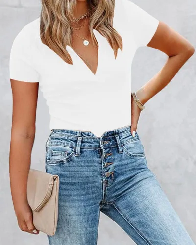 Vista 4 de OWIN Body de manga corta con cuello en V profundo para mujer, elástico, casual, con cuello en V y leotardo