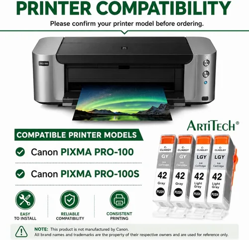 Vista 2 de CLI-42 Pixma Pro-100 - Cartucho de tinta de repuesto para Canon CLI42 GY CLI-42 LGY compatible con impresoras Pixma Pro-100 Pro-100s, paquete de 4