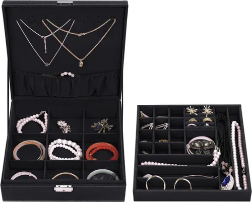 Vista 2 de MOSISO Joyero y organizador de joyas de viaje, organizador de joyas apilable de doble capa con bloqueo, bolsa de almacenamiento portátil de joyería