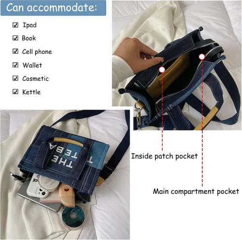 Vista 4 de Bolso de mano para mujer, bolso de mano con cremallera, lona, piel sintética, bolso cruzado de mezclilla, bolso de hombro para oficina, viajes