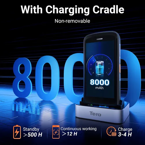 Vista 2 de Tera Android 11 escáner de código de barras PDA: con agarre de pistola de cuna de carga 8000mAh batería extra grande computadora móvil portátil 5.2