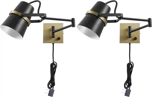 Vista 16 de Globe Electric 65000098 Lámpara de pared de 1 luz enchufable o cableada, negro mate, cable de tela trenzada de 1.8 metros, interruptor basculante