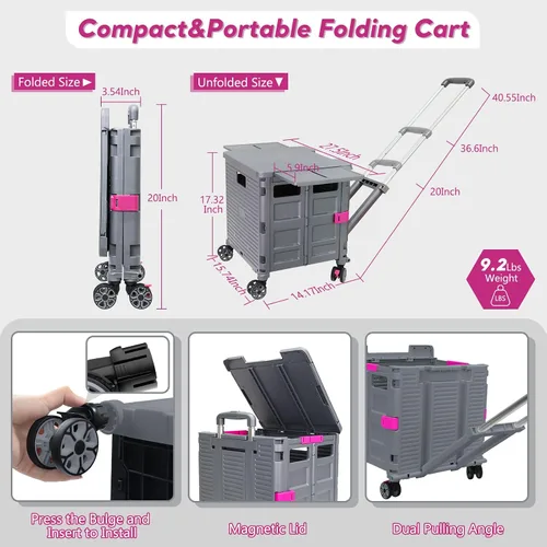 Vista 4 de Carrito plegable con ruedas giratorias, tapa magnética extendida, mango telescópico, ángulo ajustable para transportes, comestibles, oficina Gris