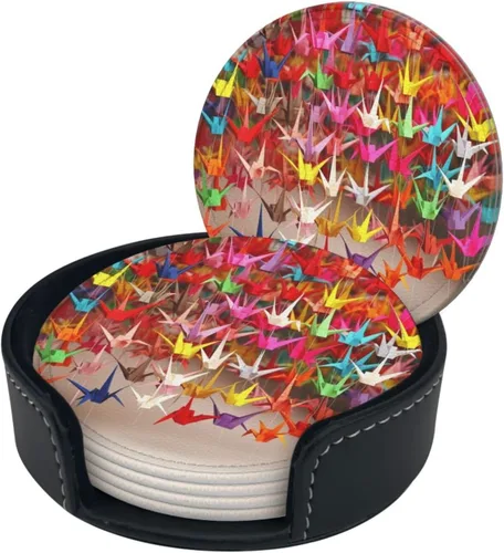 Vista 2 de Portavasos de cuero con soporte, juego de 6 grúas de papel de origami, posavasos impresos para bebidas, posavasos aislados para automóvil, posavasos