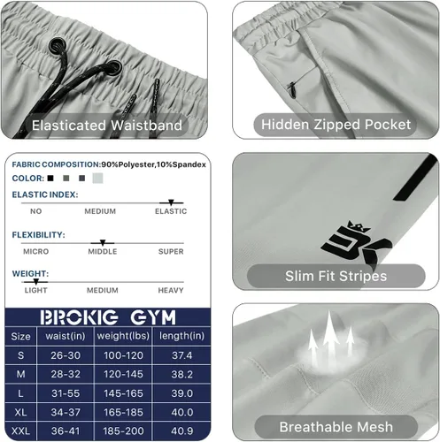 Vista 23 de BROKIG Pantalones deportivos ligeros para hombre, elásticos, de secado rápido, con bolsillos con cremallera