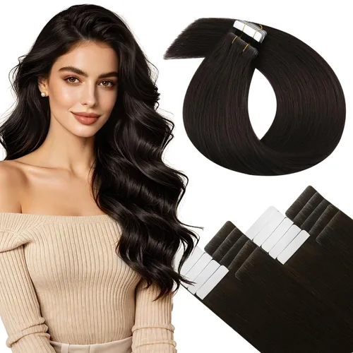Vista 52 de LaaVoo Extensiones adhesivas de cabello humano real, color negro azabache, extensiones de cabello humano liso y sedoso, 10 pulgadas, 20