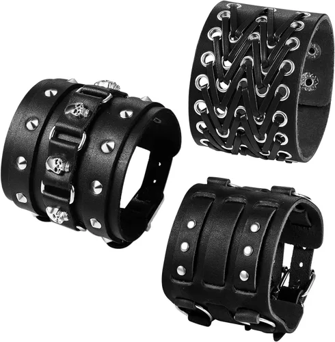Vista 17 de OIDEA Assorted 3pcs Mens Punk Multistrand Leather Braided Bangle Cuff Bracelet for Biker Dad Father Size Adjustable