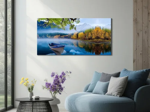 Vista 2 de Arjun Lienzo decorativo para pared, diseño de lago y montaña, cielo, naturaleza, paisaje, barco, ilustración, pintura escénica moderna, enmarcada