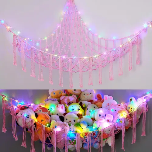 Vista 13 de Basumee Hamaca de animales de peluche con red de esquina de luz LED Crema