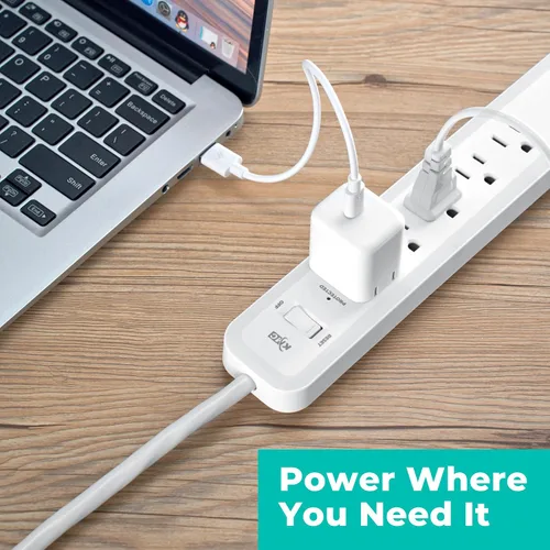 Vista 6 de KMC Regleta de alimentación con protector de sobretensiones de 6 tomas, 1 puerto USB-A y 1 puerto USB-C, protectores de sobretensiones