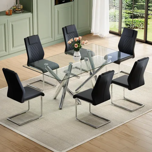 Vista 12 de Juego de mesa de comedor de cristal para 6, 71 pulgadas juego de mesa de comedor moderno para 6 7 Piece Dining Table Set, 6 White Dining Chairs